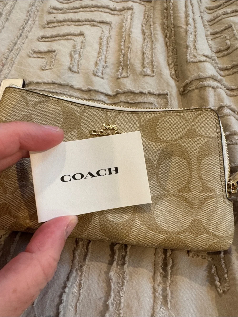 Coach Beige Signature Canvas Wristlet with Gold Hardware